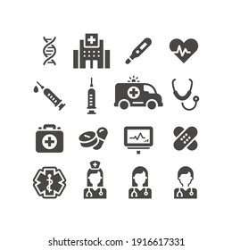 Medical or medicine black vector icon set. Hospital, nurse, doctor icons; pills and stethoscope symbols.