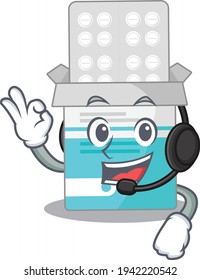 Medical medicine bottle caricature character concept wearing headphone. Vector illustration