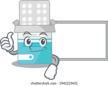 Medical medicine bottle Caricature character design style with a white board. Vector illustration