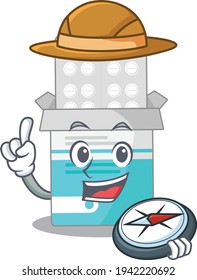 Medical medicine bottle mascot design style of explorer using a compass during the journey. Vector illustration