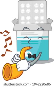 Medical medicine bottle musician of cartoon picture playing a trumpet on stage. Vector illustration