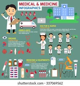 Medical and medicine infographics. healthcare concept and medical icons with set of doctor cartoon. vector illustration.