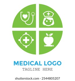 Medical medicine pharmacy clinical nurse and stethoscope with healthy icon professional logo design