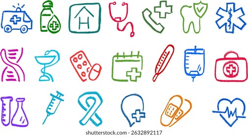 Medicina médica ícones relacionados giz de giz de cera desenho vetor conjunto