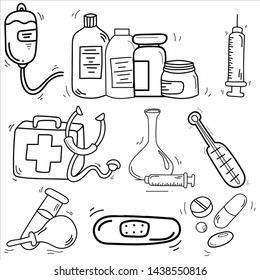 Medical Medicine Theme Doodle Collection In White Isolated Background - Vector