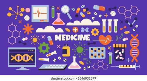 Conjunto de adesivos de medicamentos médicos. Ícones de desenho animado pílulas, termômetros, gotejamento IV, seringas e outros elementos de saúde em estilo retro doodle vetor. Perfeito para projetos de saúde, medicina e bem-estar