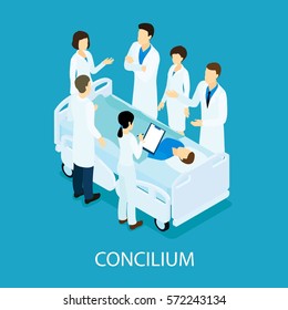 Medical meeting isometric concept with doctors standing and discussing treatment near patient laying in hospital bed isolated vector illustration