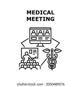 Medical Meeting Vector Icon Concept. Medical Meeting And Conference, Online Patient Consultation And Education Lecture Students In Medicine University. Doctors Videoconference Black Illustration