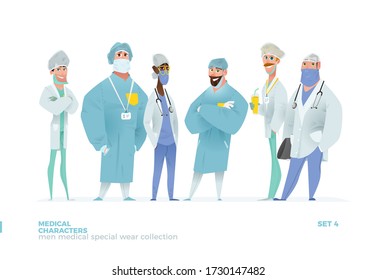 Medical Men Characters in Standing Pose. Special Uniform Design.
