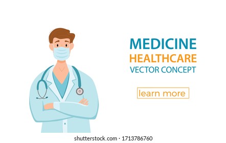 Medical men in face protection mask cartoon characters vector illustration. Doctor professional guy for fighting the coronavirus. Stop the covid-19 healthcare concept with hospital worker.