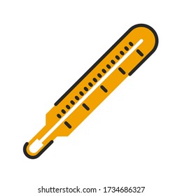 Medical mercury thermometer, fever diagnostic tool flat illustration. Human body temperature measurement instrument with degree scale orange and black linear icon isolated on white background