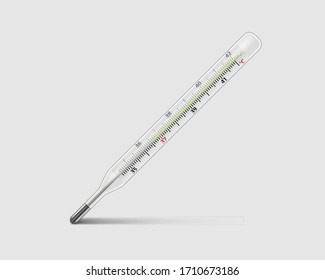 Medical mercury thermometer on transparent background. Realistic temperature diagnostic measurement instrument. vector illustration