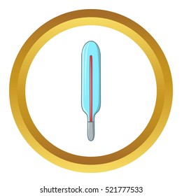 Medical mercury thermometer vector icon in golden circle, cartoon style isolated on white background