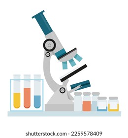 Microscopio médico y botellas médicas cercanas