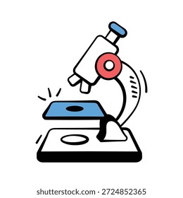 Ícone desenhado à mão em microscópio médico para pesquisa e análise laboratorial.