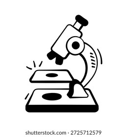 Ícone desenhado à mão em microscópio médico para pesquisa e análise laboratorial.