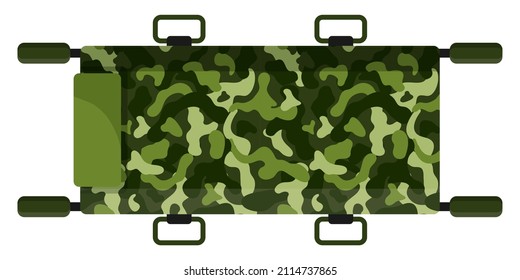 Medical military green olive khaki camouflage stretcher for first aid. Military concept for army, soldiers and war. Vector cartoon isolated illustration.
