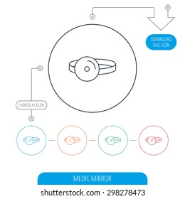 Medical mirror icon. ORL medicine sign. Otorhinolaryngology diagnosis tool symbol. Line circle buttons. Download arrow symbol. Vector