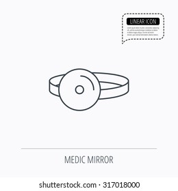 Medical mirror icon. ORL medicine sign. Otorhinolaryngology diagnosis tool symbol. Linear outline icon. Speech bubble of dotted line. Vector