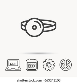 Medical mirror icon. ORL medicine sign. Otorhinolaryngology diagnosis tool symbol. Notebook, Calendar and Cogwheel signs. Download arrow web icon. Vector