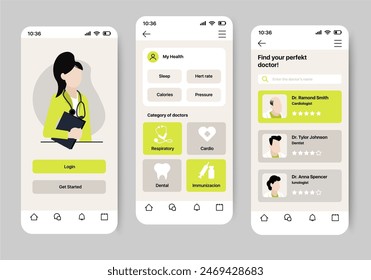 Medical mobile app concept in flat design. A stylish medical application, with the ability to keep your own statistics, choose different doctors and view their ratings. Vector Illustration.