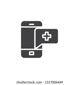 Medical mobile chat vector icon. filled flat sign for mobile concept and web design. Smartphone with hospital cross speech bubble glyph icon. Symbol, logo illustration. Pixel perfect vector 