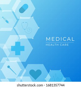 Medical modern banner design hexagon shape and icons with space for text. vector illustration.