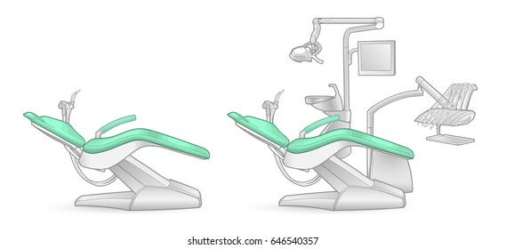 Medical Modern dental chair and dental treatment on a white background in the vector. Stomatological equipment with green armrest and seat. Stylized in 3D isometric view with volume shadows.