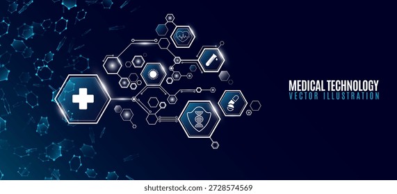 Medical modern hexagonal diagram featuring interconnected hexagons with healthcare icons. Digital healthcare background with molecular hexagons for scientific presentation. Vector illustration.
