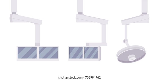 Medical monitor and light set. Surgery options, patient equipment and accessories, visualization and viewing. Vector flat style cartoon illustration on white background