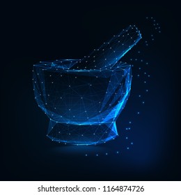 Medical mortar and pestle made of lines, dots, triangles, stars on dark blue background. Scientific pharmaceutical research concept. Modern futuristic low poly  wireframe style vector illustration.