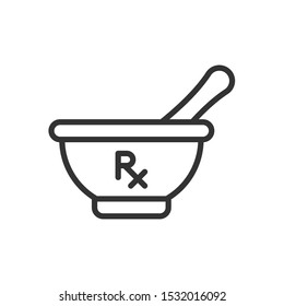 Medical mortar and pestle with RX symbol, isolated outline icon