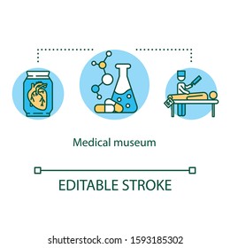 Medical museum concept icon. Scientific exposition. Body dissection and organ examination. Chemistry exhibition idea thin line illustration. Vector isolated outline drawing. Editable stroke