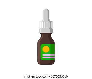 Medical nasal drops brown bottle for nose rhinitis treatment or eyedropper. Cosmetic natural organic essential oil for hair. Colorful flat medicine pharmaceutical storage tank vector eps illustration