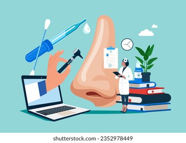Medical nasal examination, surgery rhinoplasty, otorhinolaryngology. Congestion nose, smell loss. 