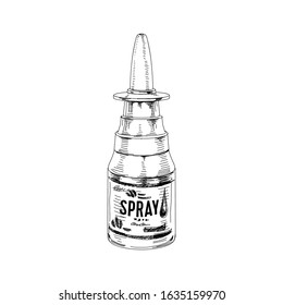 Medical nasal spray bottle, hand drawn retro vector illustration. Medical container for nasal liquid cure, vintage-style sketch isolated on white background.