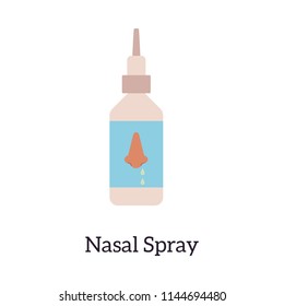 Medical nasal spray in plastic bottle icon. Nose drug container with anti flu, cold and allergy aerosol. Pharmaceutical packaging design. Vector illustration.