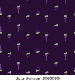 Medical nature seamless pattern with little green yarrow ornament. Purple dark background. Wellnes print. Graphic design for wrapping paper and fabric textures. Vector Illustration.