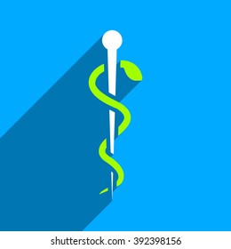 Medical Needle long shadow vector icon. Style is a flat medical needle iconic symbol on a blue square background.