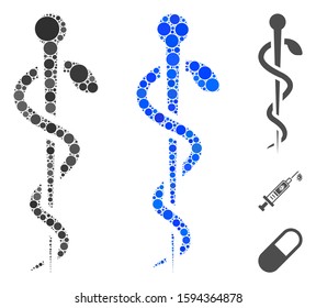 Medical needle mosaic of spheric dots in different sizes and color hues, based on medical needle icon. Vector dots are combined into blue collage.