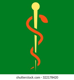 Medical Needle vector icon. Style is bicolor flat symbol, orange and yellow colors, rounded angles, green background.