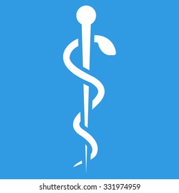 Medical Needle vector icon. Style is flat symbol, white color, rounded angles, blue background.