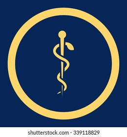Medical Needle vector icon. Style is flat rounded symbol, yellow color, rounded angles, blue background.