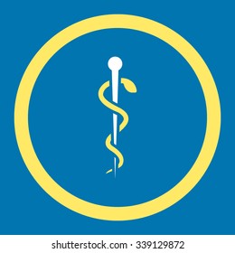 Medical Needle vector icon. Style is bicolor flat rounded symbol, yellow and white colors, rounded angles, blue background.