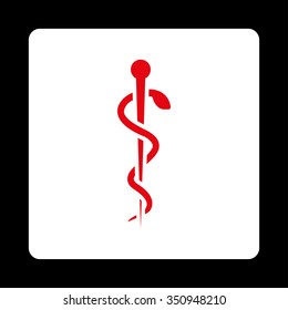 Medical Needle vector icon. Style is flat rounded square button, red and white colors, black background.