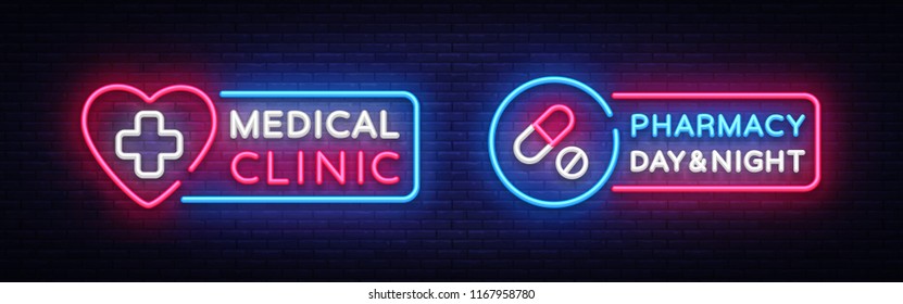 Medical neon sign design template. Pharmacy neon emblem, light banner. Online consultation. Vector illustration