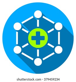 Medical Network long shadow icon. Style is a light flat symbol with rounded angles on a blue round button.
