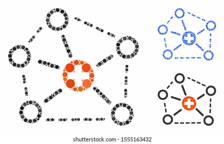 Medical network structure mosaic of round dots in different sizes and shades, based on medical network structure icon. Vector round dots are composed into blue mosaic.