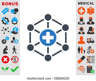Medical Network vector icon with bonus. Style is bicolor flat symbol, smooth blue colors, rounded angles, white background.