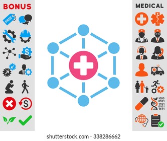Medical Network vector icon with bonus. Style is bicolor flat symbol, pink and blue colors, rounded angles, white background.